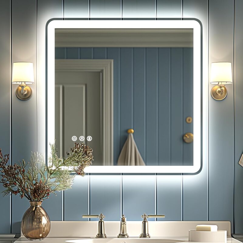 SANIF® LED Bathroom Mirror with Frontlit and Backlit, Anti-Fog Bathroom Vanity Mirror, Stepless 3 Colors Temperature & Dimmable Bathroom Mirror, Memory Tempered Glass Mirror for Bathroom S-1