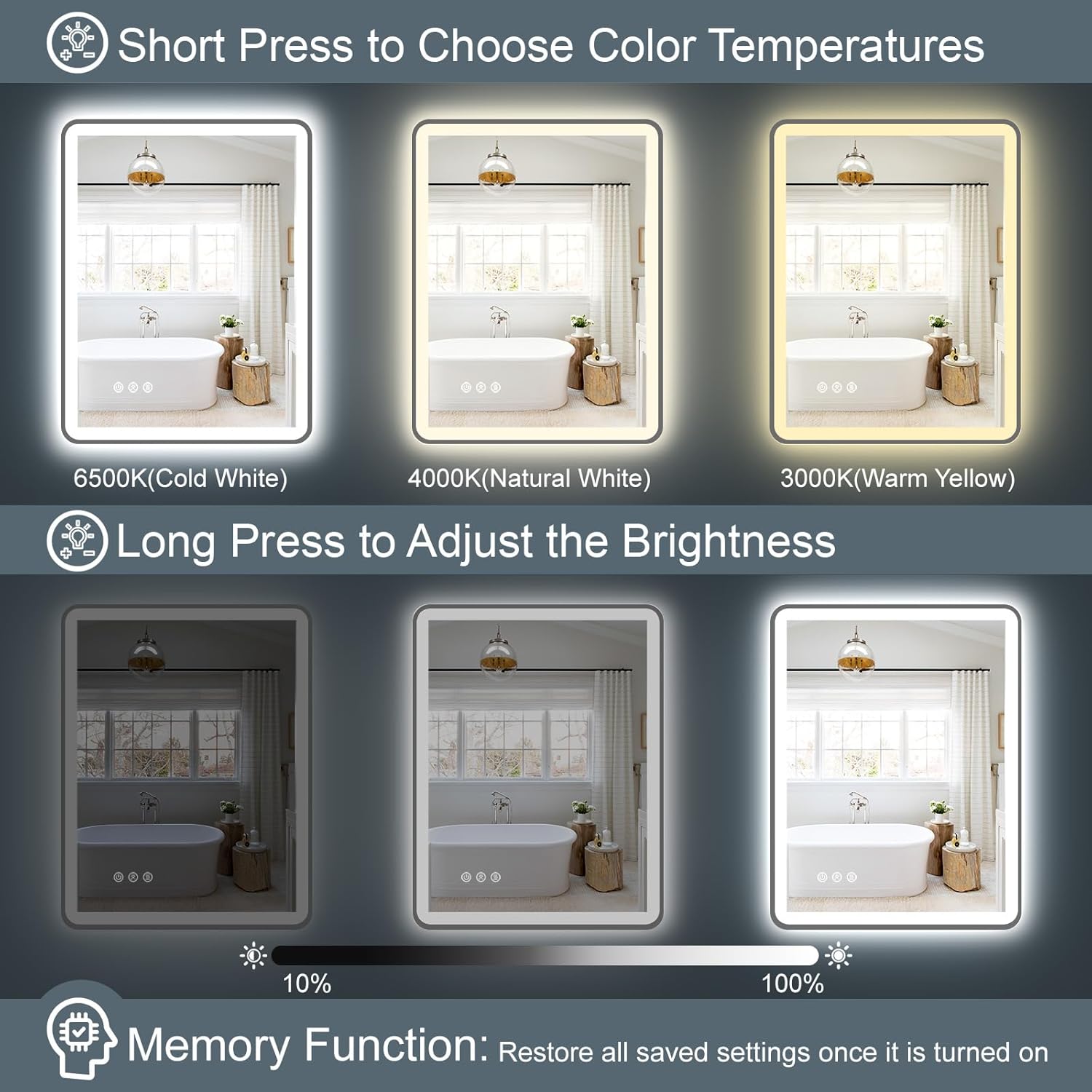 SANIF® LED Bathroom Mirror with Frontlit and Backlit, Anti-Fog Bathroom Vanity Mirror, Stepless 3 Colors Temperature & Dimmable Bathroom Mirror, Memory Tempered Glass Mirror for Bathroom S-1 - Image 2