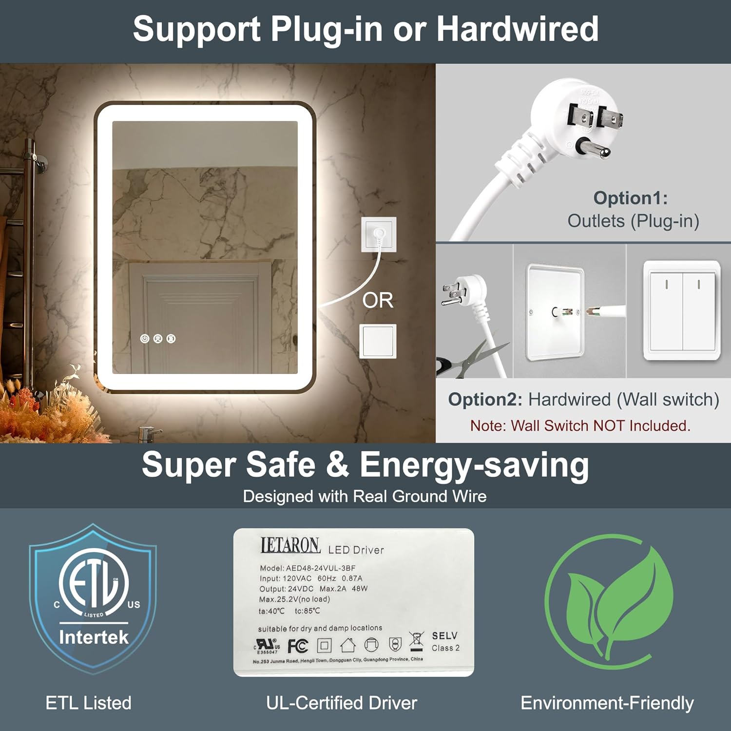 SANIF® LED Bathroom Mirror with Frontlit and Backlit, Anti-Fog Bathroom Vanity Mirror, Stepless 3 Colors Temperature & Dimmable Bathroom Mirror, Memory Tempered Glass Mirror for Bathroom S-1 - Image 4