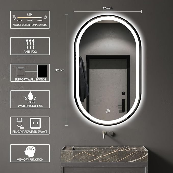 SANIF® Capsule LED Bathroom, Mirror Bathroom Oval Lighted Vanity Mirror Anti-Fog Dimmable Wall Mounted Long Makeup Mirror with Lights(Horizontal/Vertical) S-3 - Image 2