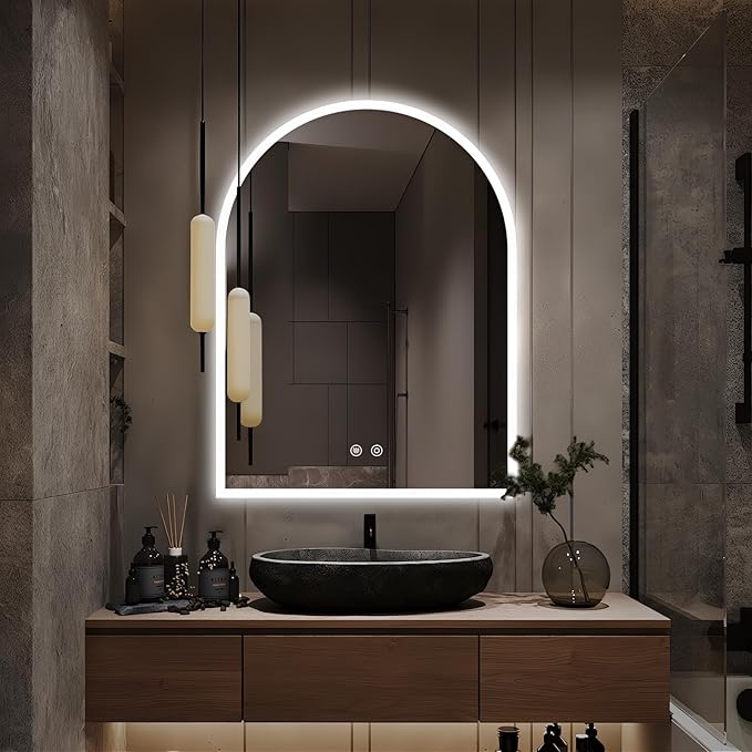 SANIF® LED Bathroom Mirror, Frameless Front Lights & Backlit Mirrors for Wall, Arched Lighted Vanity Mirrors with Memory Function for Bathroom Bedroom, Defogger 3 Color, Explosion-Proof S-16