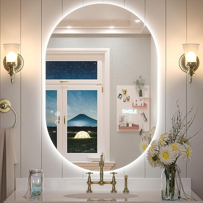 SANIF® Capsule LED Bathroom Mirror, Backlit Mirror Bathroom Oval Lighted Vanity Mirror Anti-Fog Dimmable Wall Mounted Long Makeup Mirror with Lights(Horizontal/Vertical) S-14