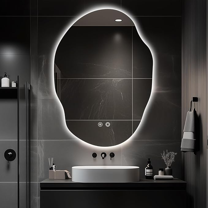 SANIF® LED Bathroom Mirror with Lights,Asymmetrical Led Bathroom Vanity Mirror for Wall with Front and Backlit, Anti Fog, 3 Colors and Dimmable Light,[Horizontal/Vertical] S-12