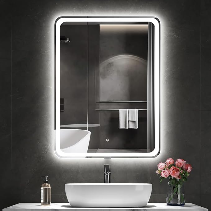 SANIF® LED Mirror for Bathroom with Backlit & Frontlit Sandblasting Design LED Bathroom Mirror with Lights 3 Color Temperature Dimmable Anti-Fog Memory Function S-9