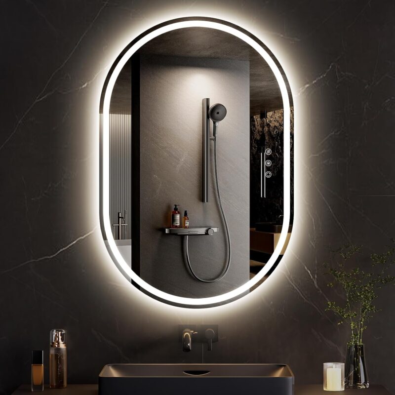 SANIF® LED Bathroom Mirror with Lights, Anti Fog Lighted Vanity Mirror Wall Mounted, Stepless Dimmable LED Oval Mirror, Memory, Front/Backlit, Horizontal/Vertical S-8