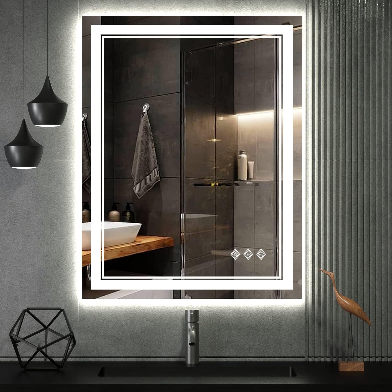 SANIF® LED Bathroom Mirror, Gradient Front and Backlit LED Mirror for Bathroom, 3 Colors Dimmable CRI>90 Double Lights, IP54 Enhanced Anti-Fog, Hanging Plates Vanity Mirror with Lights S-26