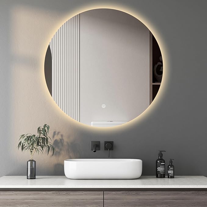SANIF® LED Round Bathroom Mirror, Backlit Wall Mounted Bathroom Mirror with Lights, Frameless Vanity Mirror with 3 Color Lights, Anti-Fog, S-21