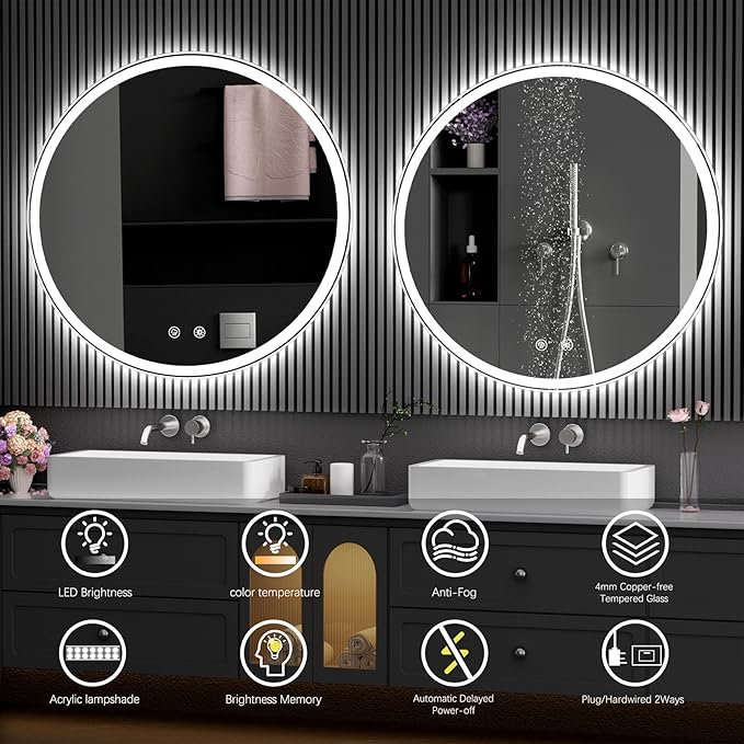 SANIF® LED Bathroom Mirror: Round Vanity Mirror with Lights, Dimmable & 3 Color Change, Backlit & Front Lit,5mm, Anti-Fog Bathroom Shower Mirror S-20 - Image 3