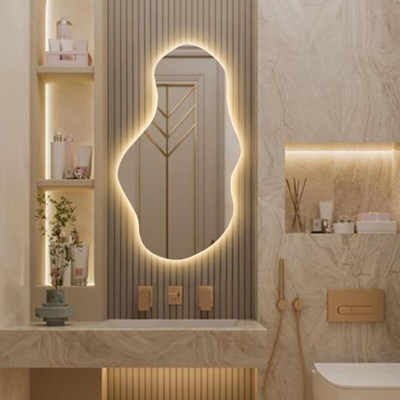 SANIF Irregular Led Lighted Mirror for Bathroom, Asymmetrical Vanity Mirror with Lights, Washbasin Backlit Led Illuminated Wall Mirror S-19