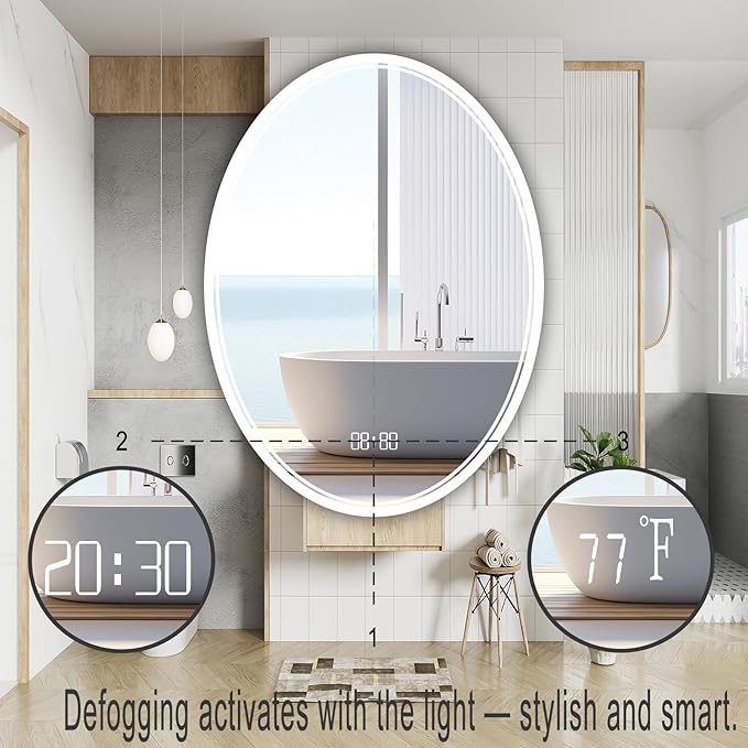 SANIF LED Bathroom Mirror – Anti-Fog, Shatter-Proof Oval Makeup Mirror with Front & Backlit Lighting, 3 Color Modes & Stepless Dimming S-18 - Image 2