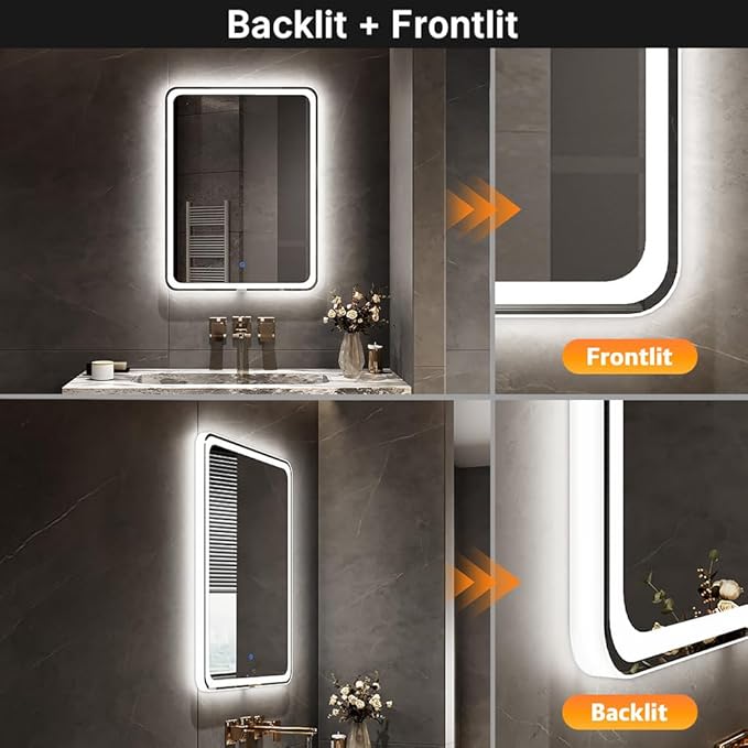SANIF® LED Mirror for Bathroom with Backlit & Frontlit Sandblasting Design LED Bathroom Mirror with Lights 3 Color Temperature Dimmable Anti-Fog Memory Function S-9 - Image 2