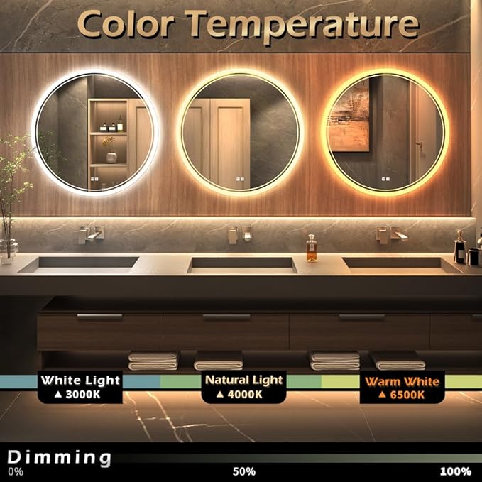SANIF® Large Modern LED Round Bathroom Vanity Mirror, Color Temperature Adjustable, Anti-Fog Dimmable Lights, Easy to Install, Wall Mounted Makeup Mirror with Smart Touch Button S-25 - Image 2