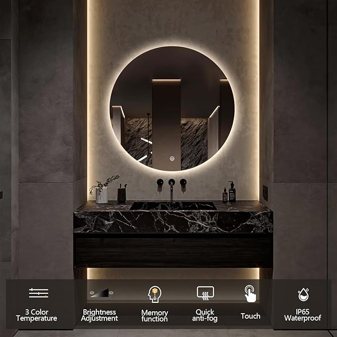 SANIF® LED Round Bathroom Mirror, Backlit Wall Mounted Bathroom Mirror with Lights, Frameless Vanity Mirror with 3 Color Lights, Anti-Fog, S-21 - Image 2