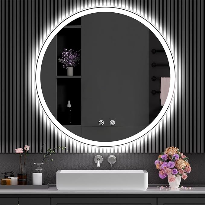 SANIF® LED Bathroom Mirror: Round Vanity Mirror with Lights, Dimmable & 3 Color Change, Backlit & Front Lit,5mm, Anti-Fog Bathroom Shower Mirror S-20