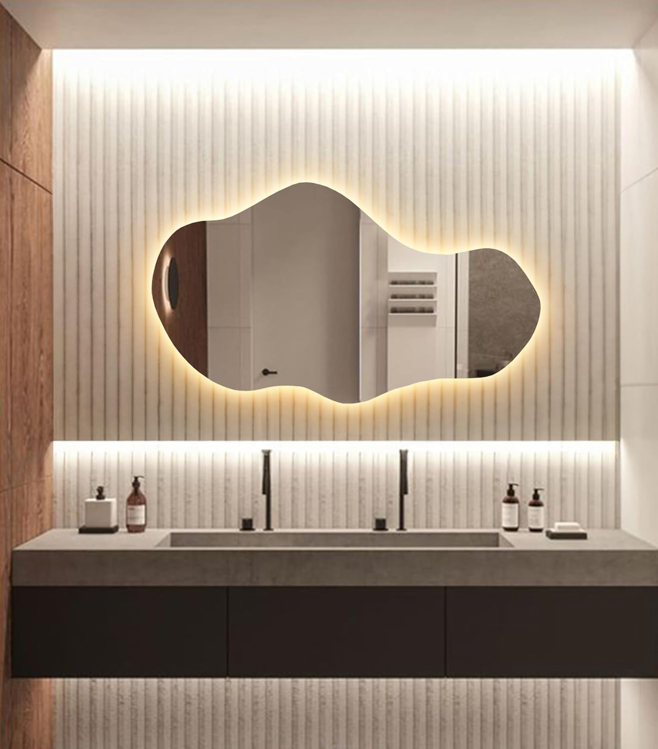 SANIF Irregular Led Lighted Mirror for Bathroom, Asymmetrical Vanity Mirror with Lights, Washbasin Backlit Led Illuminated Wall Mirror S-19 - Image 2