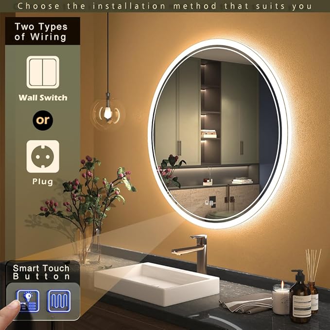 SANIF® Large Modern LED Round Bathroom Vanity Mirror, Color Temperature Adjustable, Anti-Fog Dimmable Lights, Easy to Install, Wall Mounted Makeup Mirror with Smart Touch Button S-25 - Image 3