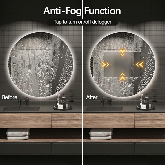 SANIF® LED Round Bathroom Mirror, Backlit Wall Mounted Bathroom Mirror with Lights, Frameless Vanity Mirror with 3 Color Lights, Anti-Fog, S-21 - Image 4