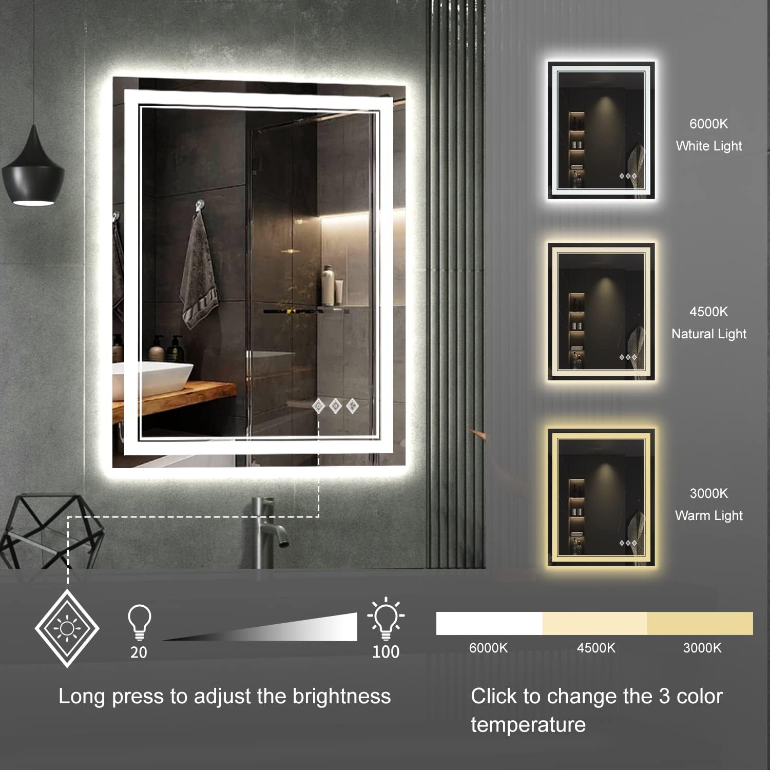 SANIF® LED Bathroom Mirror, Gradient Front and Backlit LED Mirror for Bathroom, 3 Colors Dimmable CRI>90 Double Lights, IP54 Enhanced Anti-Fog, Hanging Plates Vanity Mirror with Lights S-26 - Image 4