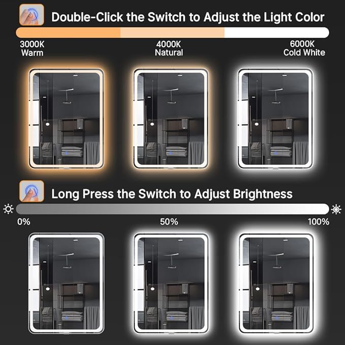 SANIF® LED Mirror for Bathroom with Backlit & Frontlit Sandblasting Design LED Bathroom Mirror with Lights 3 Color Temperature Dimmable Anti-Fog Memory Function S-9 - Image 4