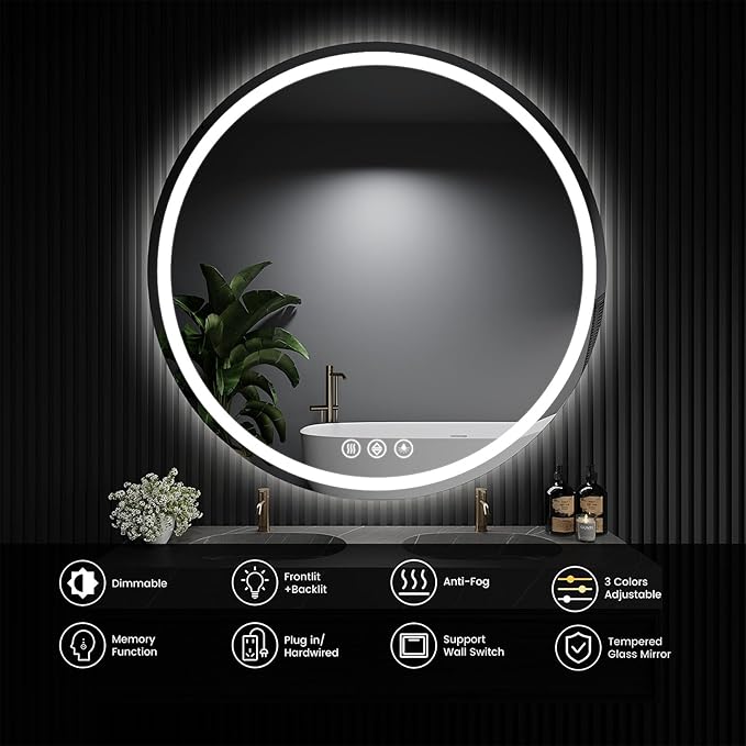 SANIF® LED Bathroom Mirror Round Bathroom Mirror with Lights, Circle Wall Mirror with 3 Colors Brightness, Anti-Fog for Bathroom Vanity, Entryway Living Room S-23 - Image 4