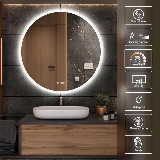 SANIF® Round Led Bathroom Mirror with Lights, Backlit and Front Lighted, Anti-Fog Wall-Mounted Vanity Mirror 3000K/4000K/6500K, Dimmable Mirror S-22 - Image 4