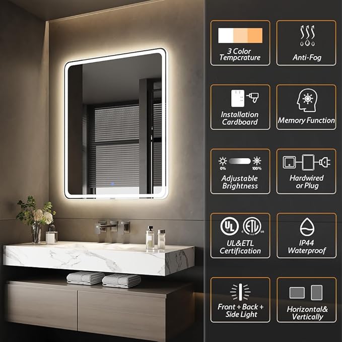 SANIF® LED Mirror for Bathroom with Backlit & Frontlit Sandblasting Design LED Bathroom Mirror with Lights 3 Color Temperature Dimmable Anti-Fog Memory Function S-9 - Image 5