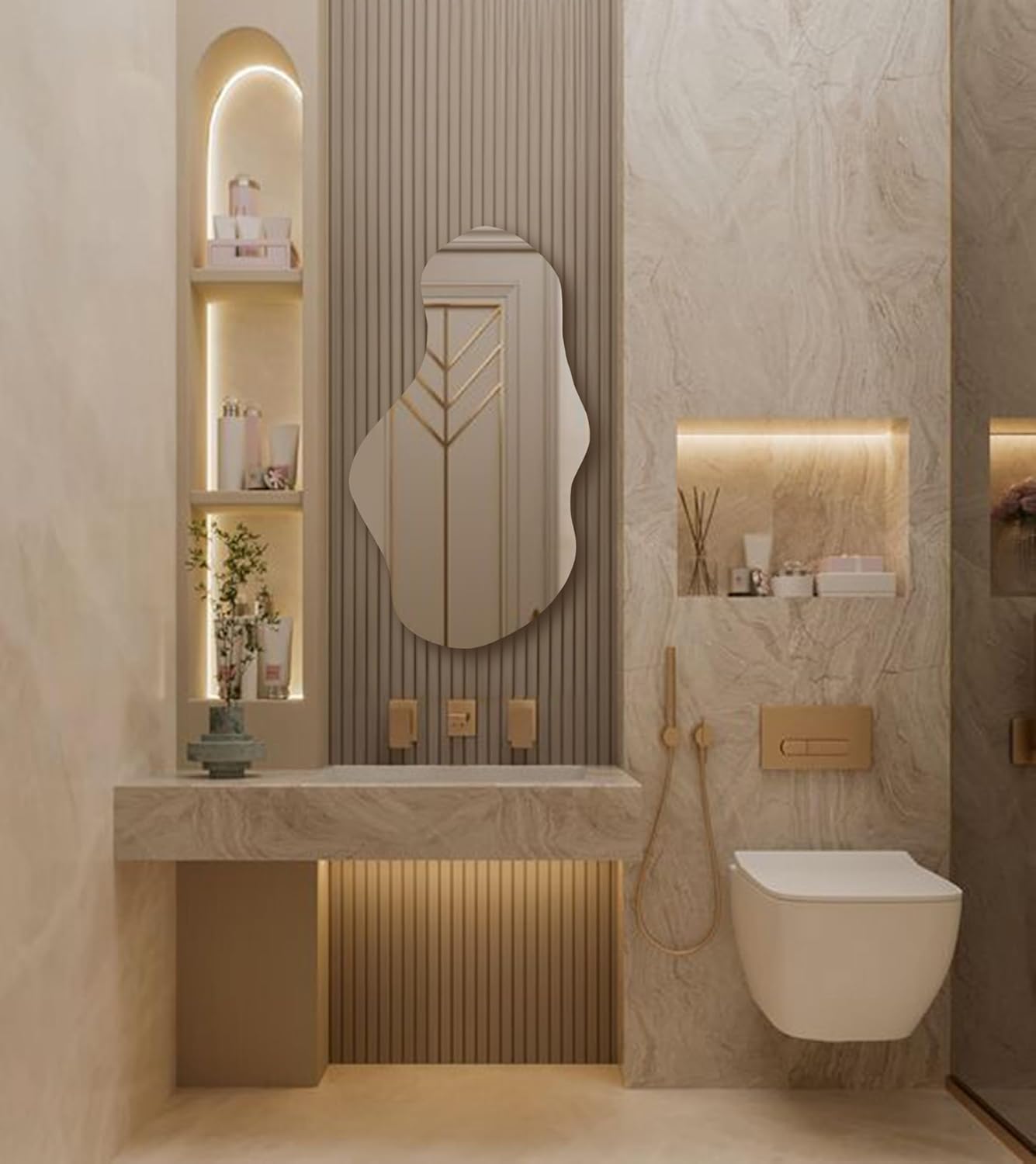 SANIF Irregular Led Lighted Mirror for Bathroom, Asymmetrical Vanity Mirror with Lights, Washbasin Backlit Led Illuminated Wall Mirror S-19 - Image 5