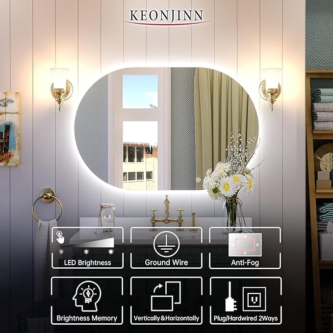 SANIF® Capsule LED Bathroom Mirror, Backlit Mirror Bathroom Oval Lighted Vanity Mirror Anti-Fog Dimmable Wall Mounted Long Makeup Mirror with Lights(Horizontal/Vertical) S-14 - Image 4