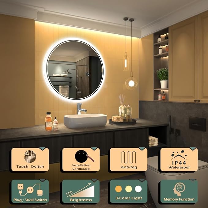 SANIF® Large Modern LED Round Bathroom Vanity Mirror, Color Temperature Adjustable, Anti-Fog Dimmable Lights, Easy to Install, Wall Mounted Makeup Mirror with Smart Touch Button S-25 - Image 5