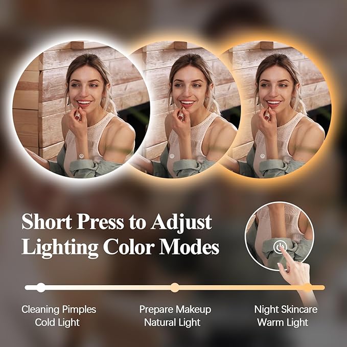 SANIF® LED Round Bathroom Mirror, Backlit Wall Mounted Bathroom Mirror with Lights, Frameless Vanity Mirror with 3 Color Lights, Anti-Fog, S-21 - Image 3