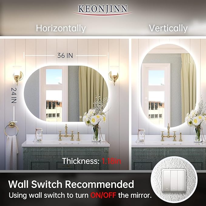 SANIF® Capsule LED Bathroom Mirror, Backlit Mirror Bathroom Oval Lighted Vanity Mirror Anti-Fog Dimmable Wall Mounted Long Makeup Mirror with Lights(Horizontal/Vertical) S-14 - Image 5